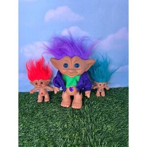 Vintage Ace Novelty Treasure Troll Dolls Set Purple Red Teal Hair Gem Belly